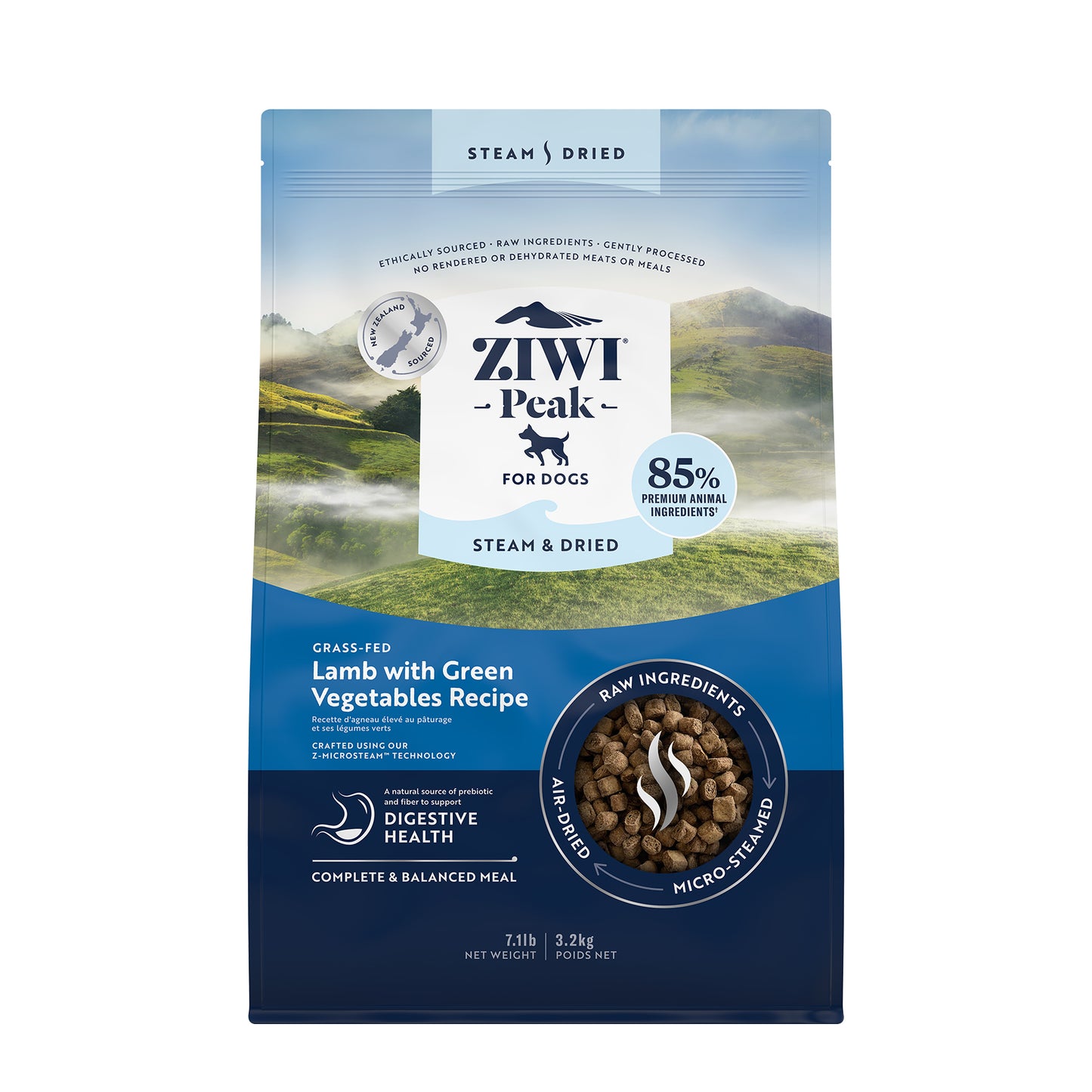 Ziwi Peak Steam & Gently Dried Grass-Fed Lamb with Green Vegetables Dry Dog Food (3 sizes)