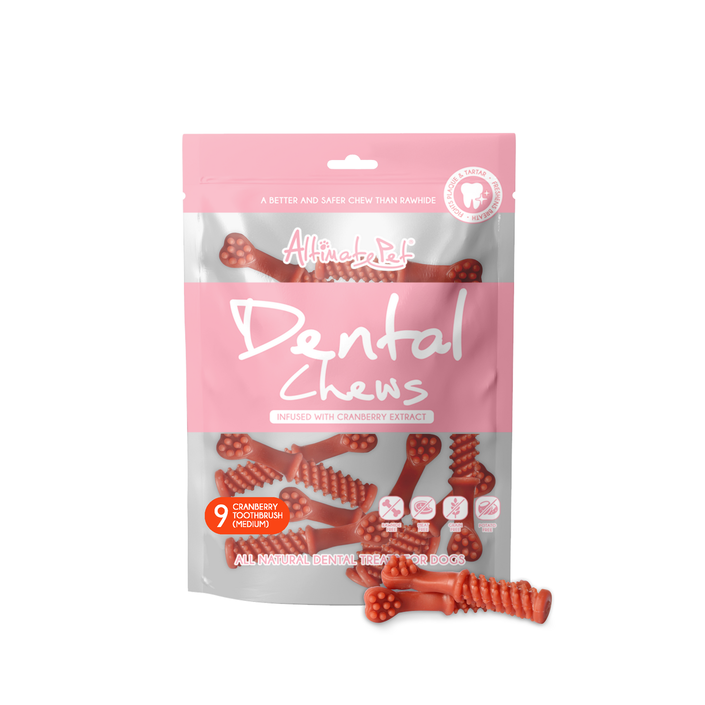 [As Low As $6.50 Each] Altimate Pet Dental Chew Cranberry Medium Toothbrush for Dogs 150g (9pcs)