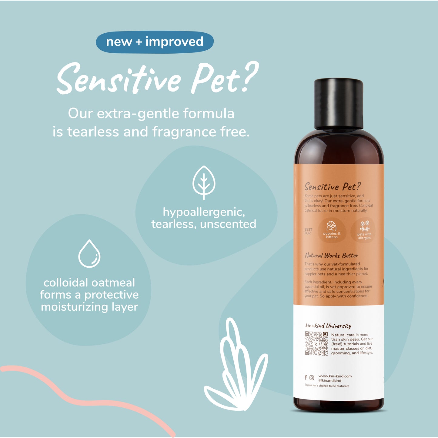 Kin+Kind Sensitive Skin Natural Shampoo for Dogs, Cats, Puppies & Kittens (Unscented) 12oz