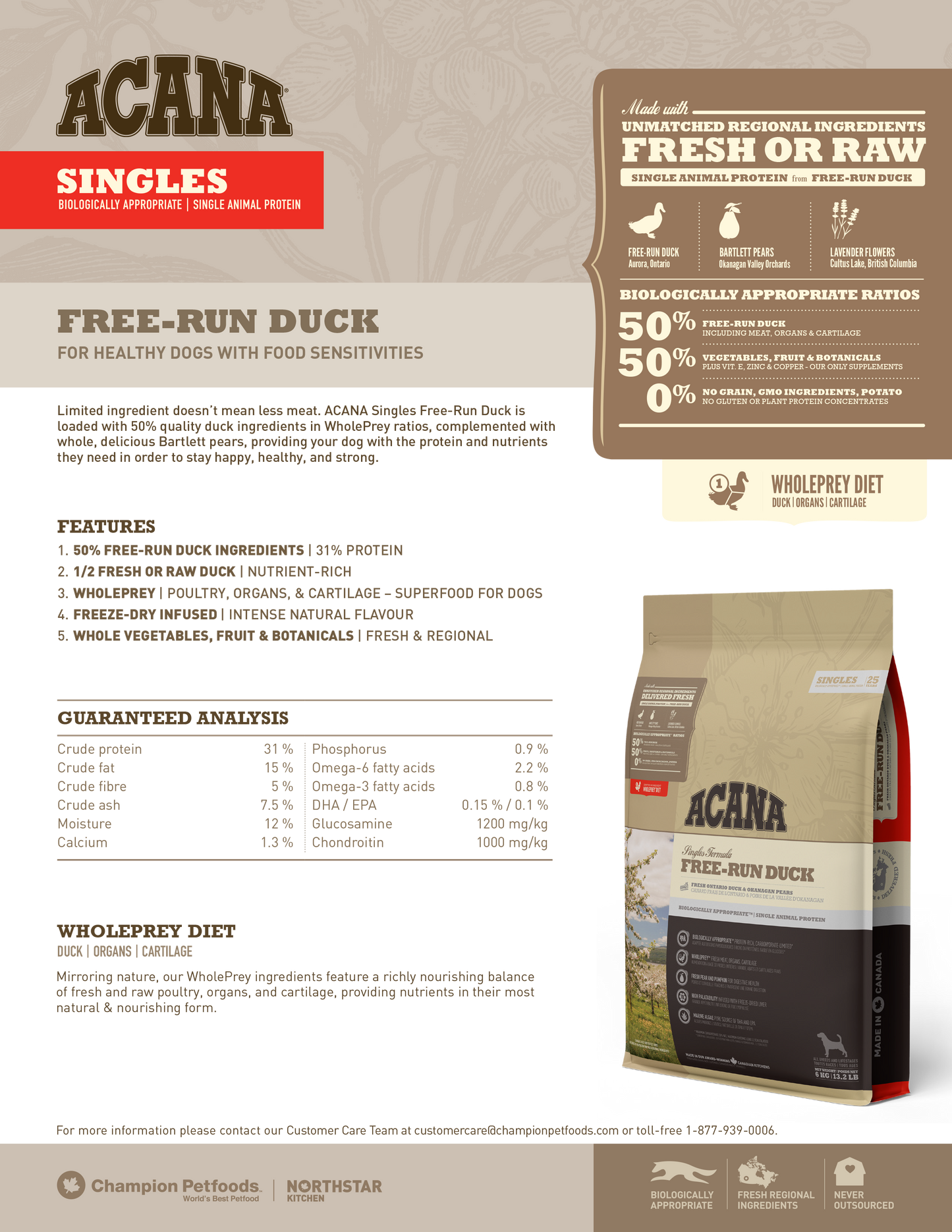 [EXTRA 10% OFF] ACANA Singles Free-Run Duck Dry Dog Food (3 Sizes)