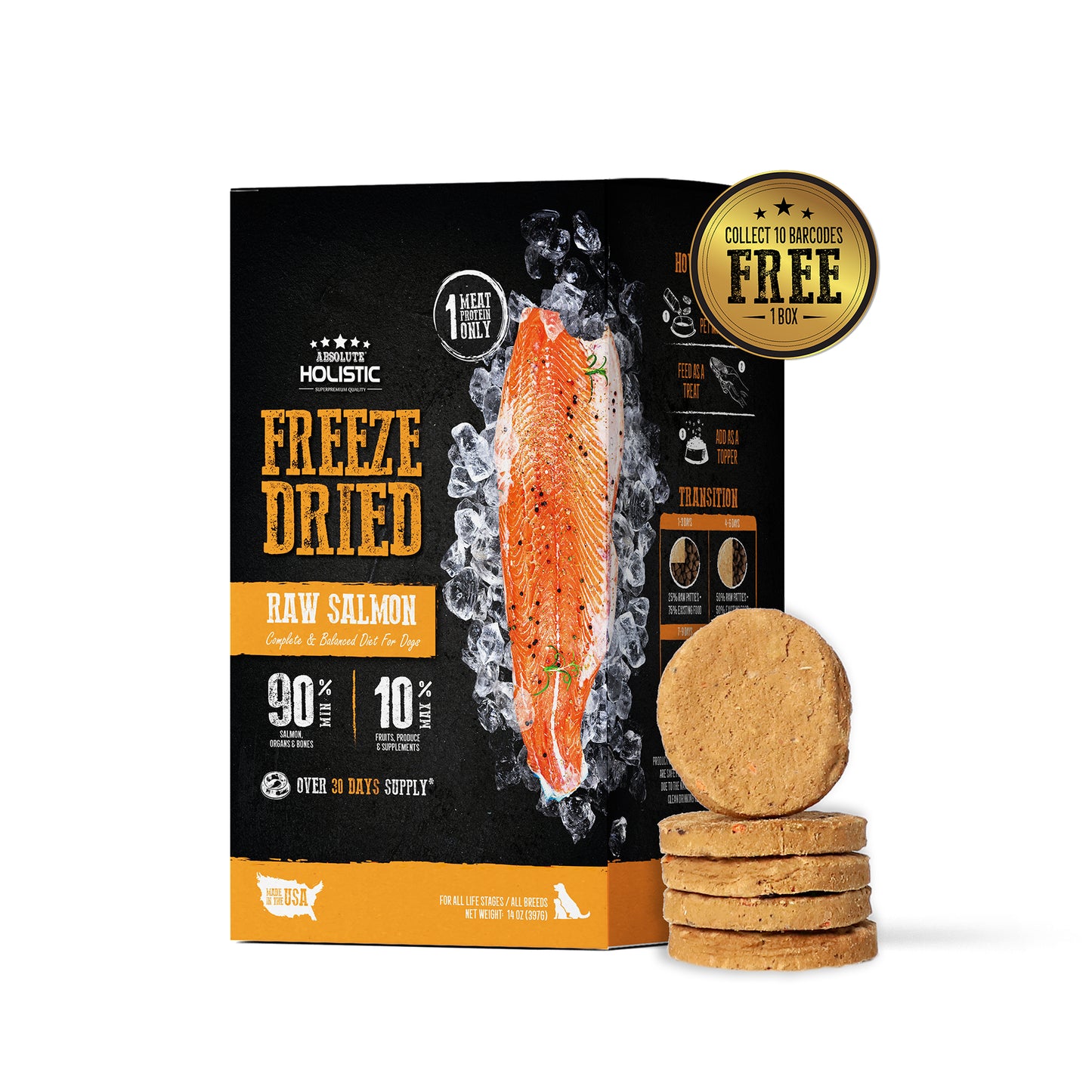 [As Low As $43.30 Each] Absolute Holistic Freeze Dried Raw Salmon Patties Dog Food 14oz