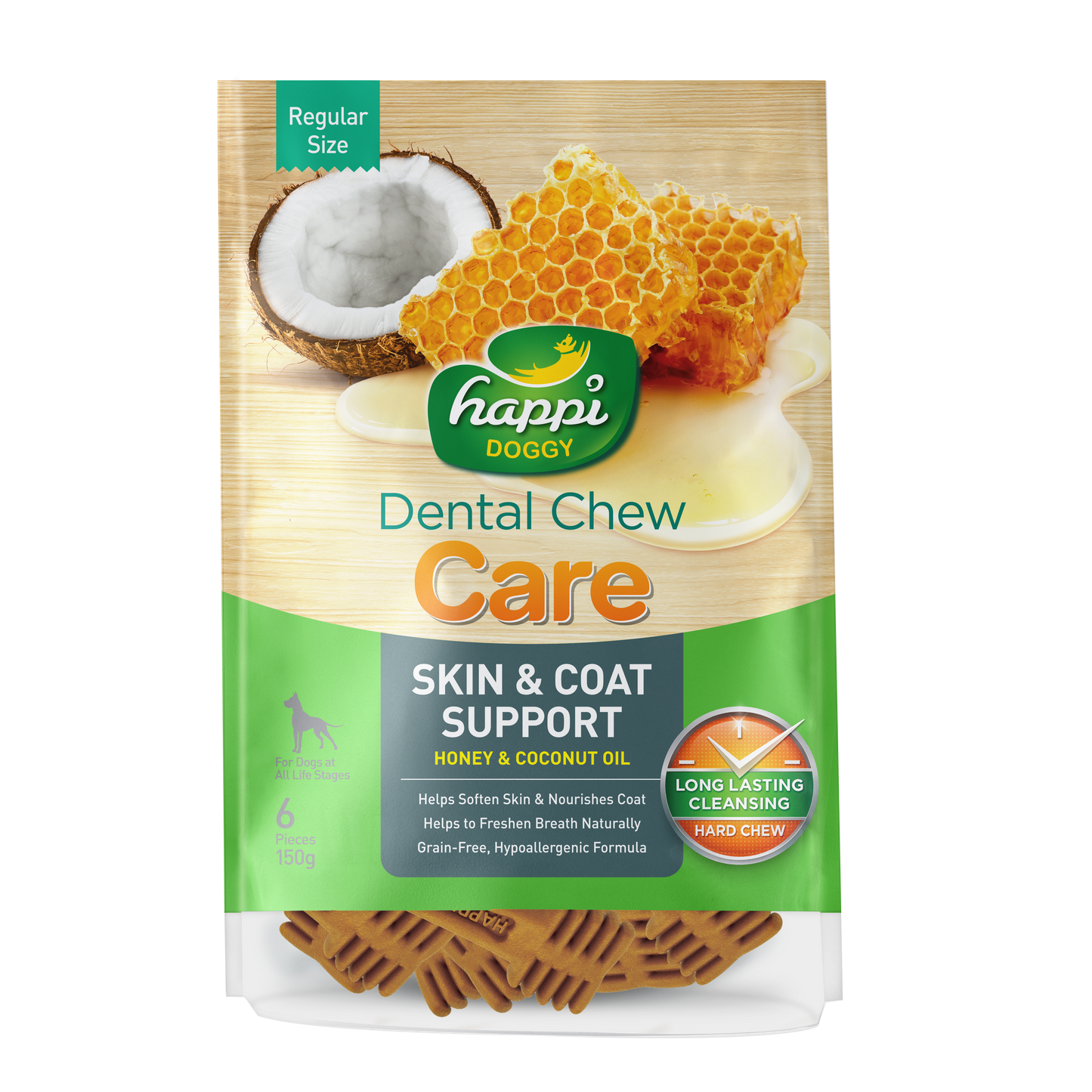 [As Low As $7.65 Each] Happi Doggy Care Honey & Coconut Oil Skin & Coat Support Dental Chew 150g (2 Sizes)