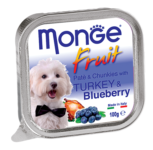 Monge Fruit Turkey and Blueberry Paté with Chunkies Tray Dog Food 100g